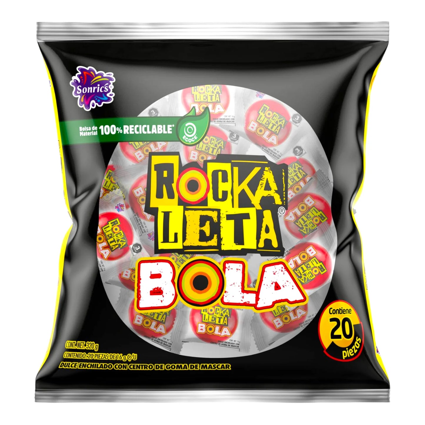 Mitoteland — Rockaleta Bola by Sonrics — Spicy layered Mexican candy with bubblegum center. Available as 20-pack 320g bag.