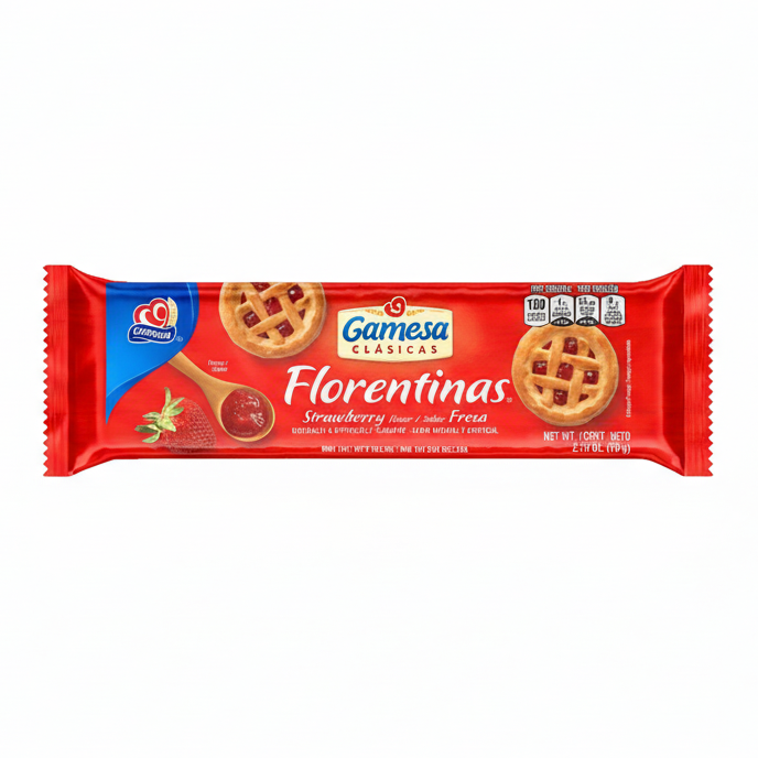 Mitoteland — Gamesa Florentinas — Crispy cookies filled with fruity strawberry jam. A classic Mexican treat that’s sweet, delicate, and full of nostalgia.