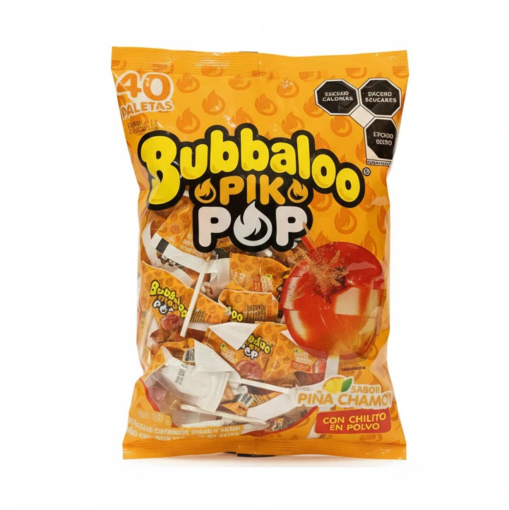 Mitoteland — Bubbaloo Pik Pop Lollipop by Adams — Pineapple hard candy paleta filled with chili powder. Available 40-pack 580g bag.