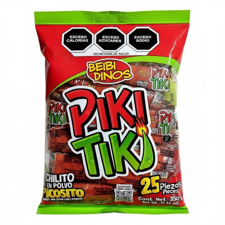 Mitoteland — Piki Tiki by Beibi Dinos — Sweet and sour chilito en polvo picosito in single 14g pieces or 25-pack bag (350g). A fun, tangy Mexican classic.