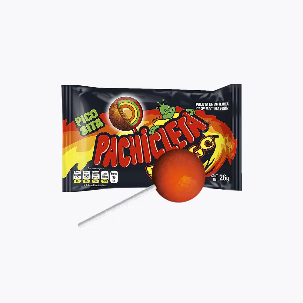 Mitoteland — Pachicleta lollipop by Cuanda — Mexican paleta confitada con goma de mascar in Original or Fuego. Available in 26g single or 520g 20-pack.