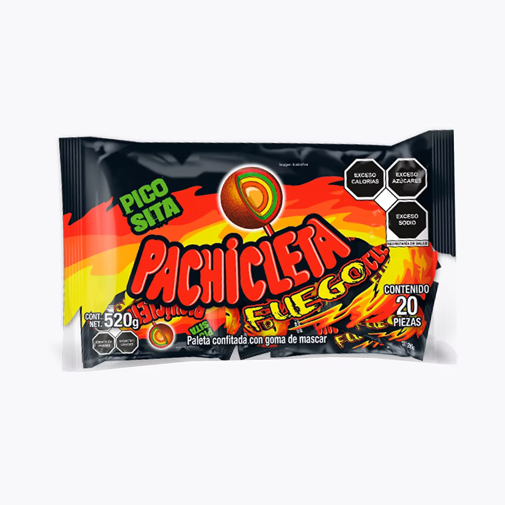 Mitoteland — Pachicleta lollipop by Cuanda — Mexican paleta confitada con goma de mascar in Original or Fuego. Available in 26g single or 520g 20-pack.