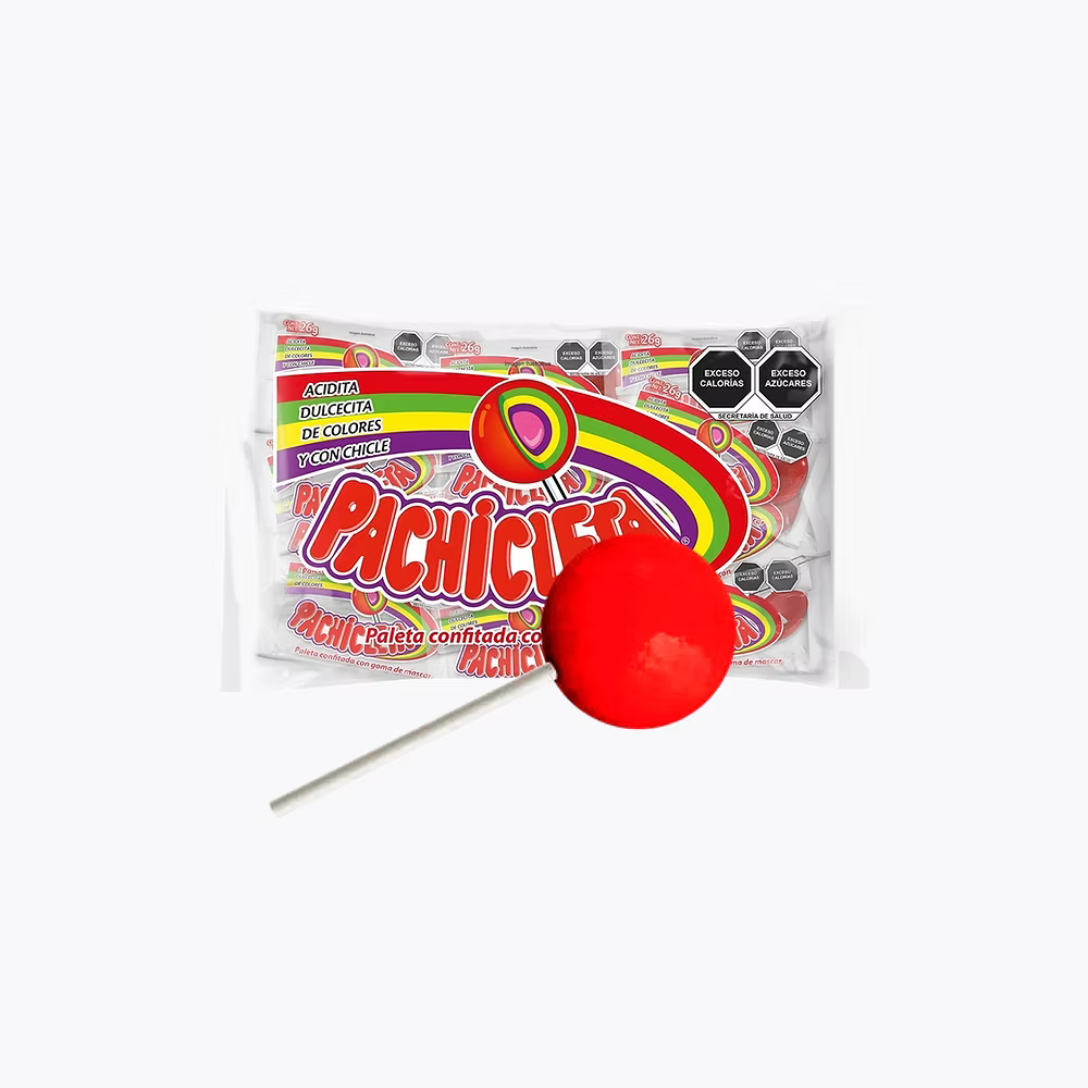 Mitoteland — Pachicleta lollipop by Cuanda — Mexican paleta confitada con goma de mascar in Original or Fuego. Available in 26g single or 520g 20-pack.