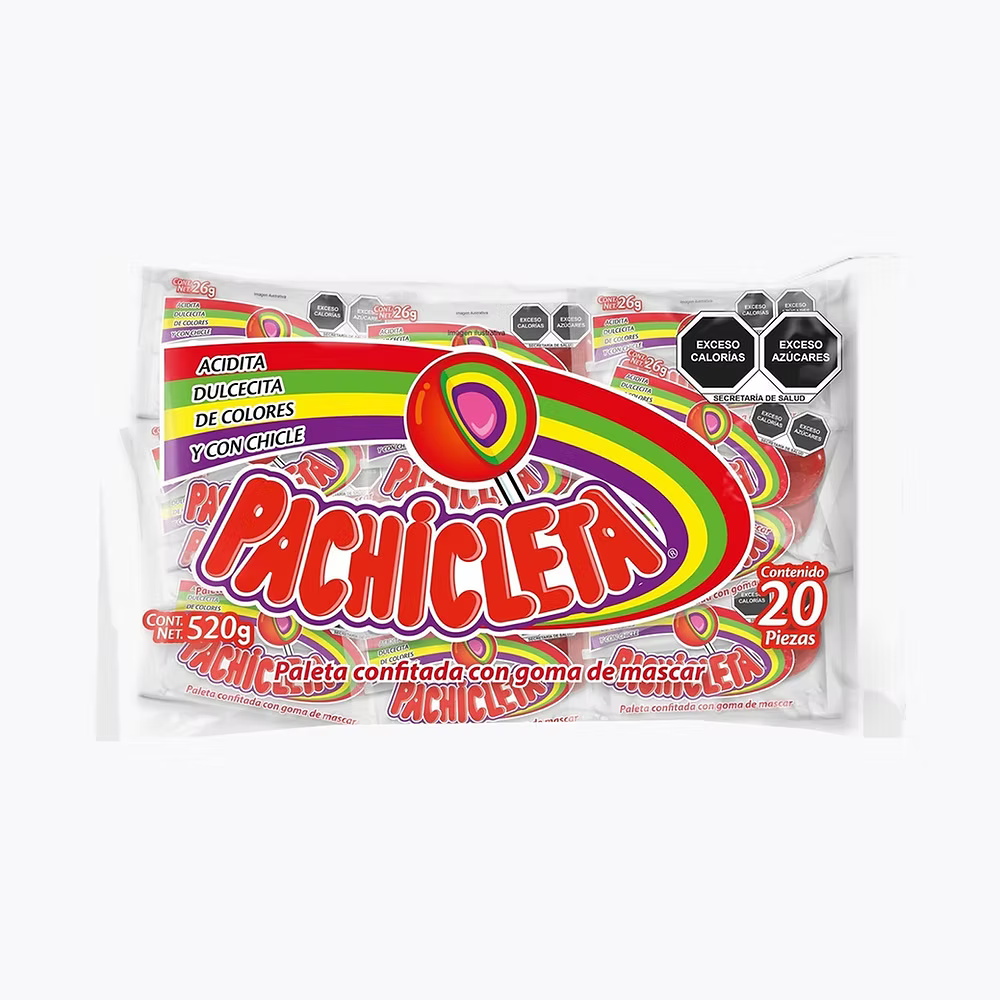 Mitoteland — Pachicleta lollipop by Cuanda — Mexican paleta confitada con goma de mascar in Original or Fuego. Available in 26g single or 520g 20-pack.