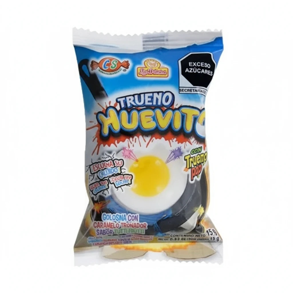 Mitoteland — Trueno Huevito Dulces Las Delicias 24-Pack — Mexican popping candy with tutifruti flavour jelly, crunchy texture and a fizzy spark center.