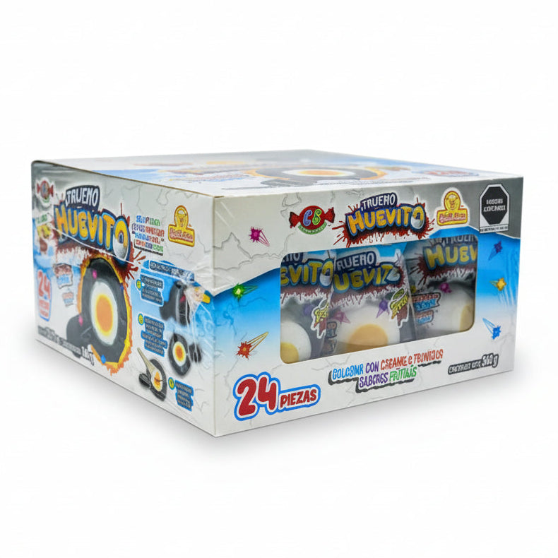 Mitoteland — Trueno Huevito Dulces Las Delicias 24-Pack — Mexican popping candy with tutifruti flavour jelly, crunchy texture and a fizzy spark center.