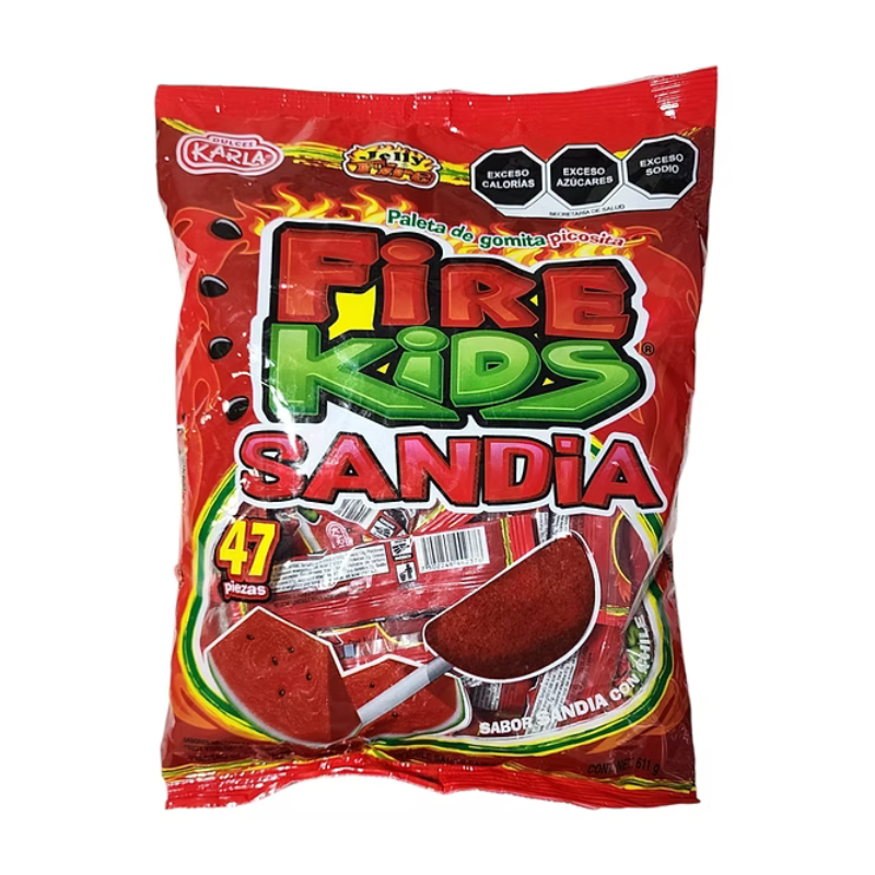 Mitoteland — Fire Kids Lollipops Bag — Watermelon-flavoured lollipops coated with chilli by Dulces Karla. Sweet, chewy, and picosito fun in a 47-pack party bag.