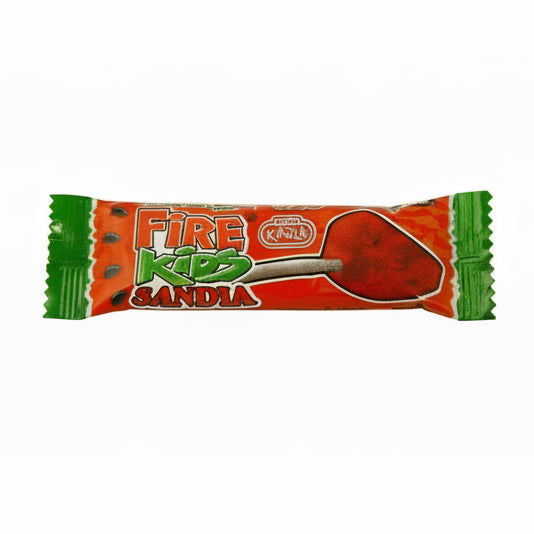 Mitoteland — Fire Kids Lollipops Bag — Watermelon-flavoured lollipops coated with chilli by Dulces Karla. Sweet, chewy, and picosito fun in a 47-pack party bag.