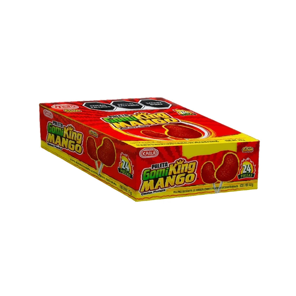 Mitoteland — Paleta GomiKing Mango Lollipop by Dulces Karla — Sweet and tangy mango lollipops with a gummy center. Available in single or 24-pack.