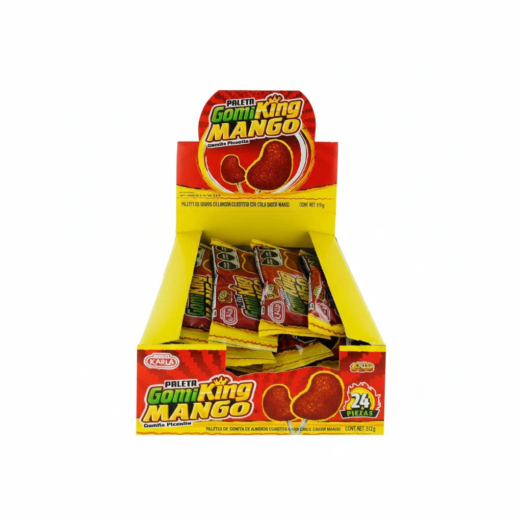 Mitoteland — Paleta GomiKing Mango Lollipop by Dulces Karla — Sweet and tangy mango lollipops with a gummy center. Available in single or 24-pack.