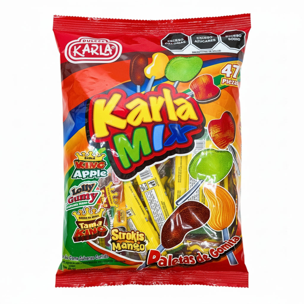 Mitoteland — Karla Mix Assorted Lollipops by Dulces Karla — A 47-pack of Mexican gummy lollipops with apple, tamarind, mango, and chili-coated flavours. Perfect for parties and spicy-sweet cravings.
