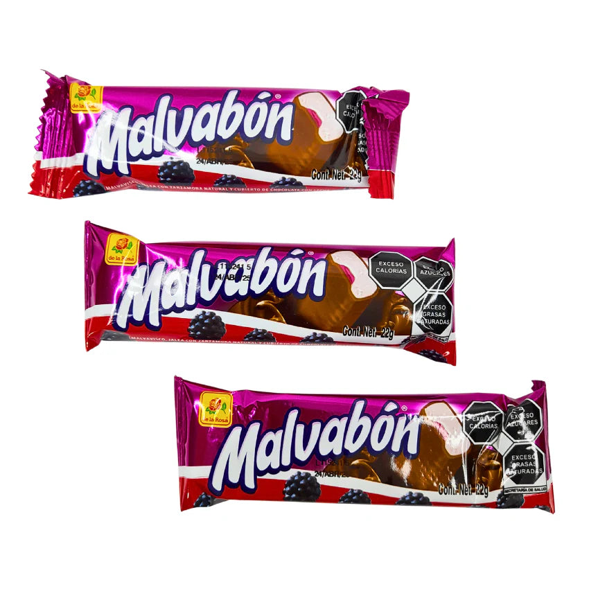 Mitoteland — De la Rosa Malvabon — Soft marshmallow, fruity jelly, and chocolate coating in one classic Mexican treat. Available in Strawberry, Blackberry, and Pineapple flavours.