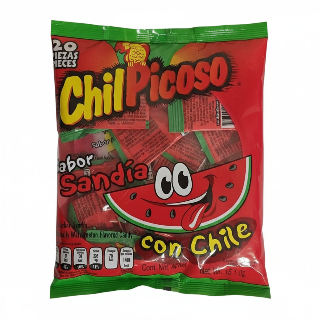 Mitoteland — ChilPicoso by Dulces del Periquito — Fruity spicy Mexican candy in Mango, Chamoy, Tamarind, and Watermelon. Available in 20-pack (400g).