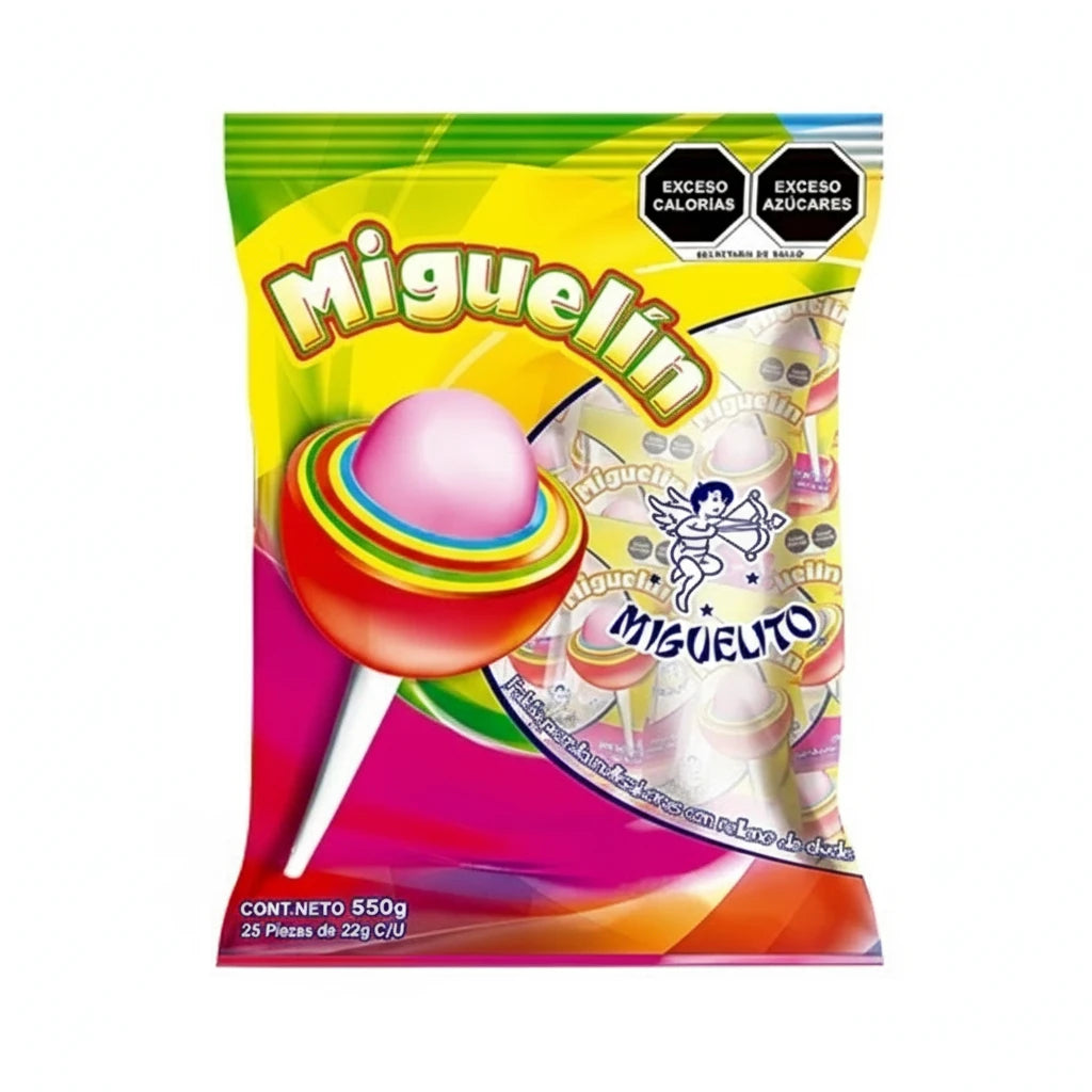 Mitoteland — Miguelín Lollipop by Dulces Miguelito — Spicy multi-flavour Mexican lollipop with chewy bubblegum center. Available as single 22g piece or 25-pack 550g bag.