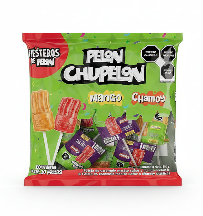 Mitoteland — Pelón Chupelón Fiesteros Bag — Mango enchilado and chamoy enchilado lollipops by Pelón. Sweet, tangy, and picosito fun in a 30-pack party bag.