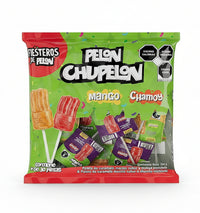 Mitoteland — Pelón Chupelón Fiesteros Bag — Mango enchilado and chamoy enchilado lollipops by Pelón. Sweet, tangy, and picosito fun in a 30-pack party bag.