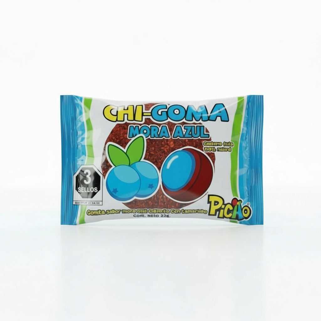 Mitoteland — Chi-goma by Picao. Fruity Mexican gummies in Fresa, Mango, Sandía, and Mora Azul. Available as single 22g piece or 20-pack 440g bag.