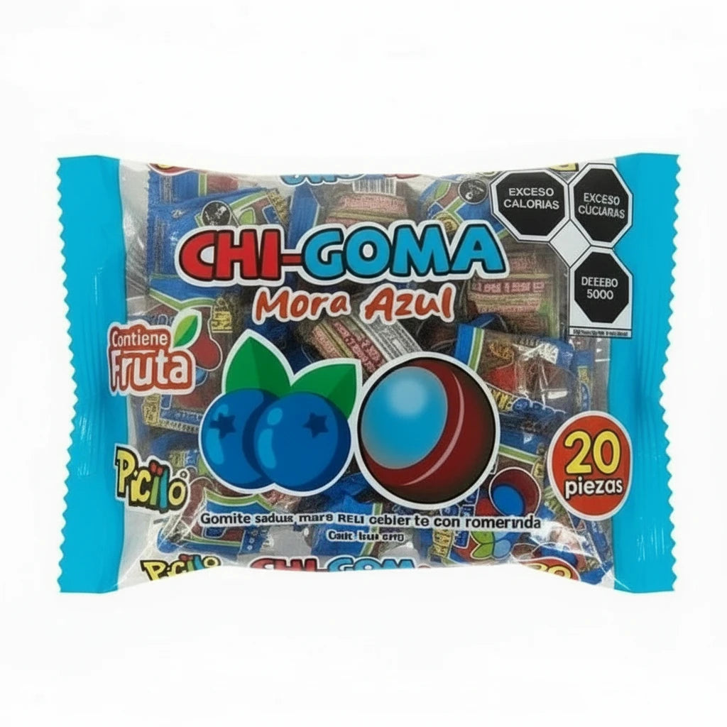 Mitoteland — Chi-goma by Picao. Fruity Mexican gummies in Fresa, Mango, Sandía, and Mora Azul. Available as single 22g piece or 20-pack 440g bag.