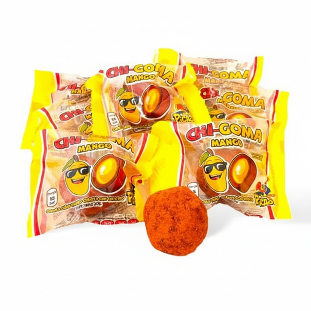 Mitoteland — Chi-goma by Picao. Fruity Mexican gummies in Fresa, Mango, Sandía, and Mora Azul. Available as single 22g piece or 20-pack 440g bag.