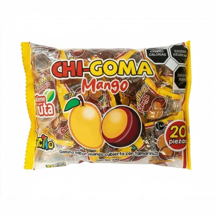 Mitoteland — Chi-goma by Picao. Fruity Mexican gummies in Fresa, Mango, Sandía, and Mora Azul. Available as single 22g piece or 20-pack 440g bag.