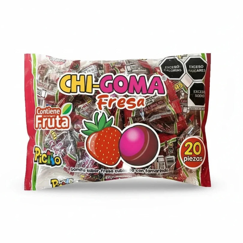 Mitoteland — Chi-goma by Picao. Fruity Mexican gummies in Fresa, Mango, Sandía, and Mora Azul. Available as single 22g piece or 20-pack 440g bag.