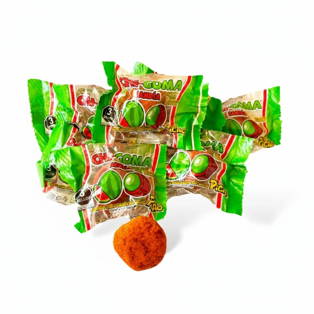 Mitoteland — Chi-goma by Picao. Fruity Mexican gummies in Fresa, Mango, Sandía, and Mora Azul. Available as single 22g piece or 20-pack 440g bag.