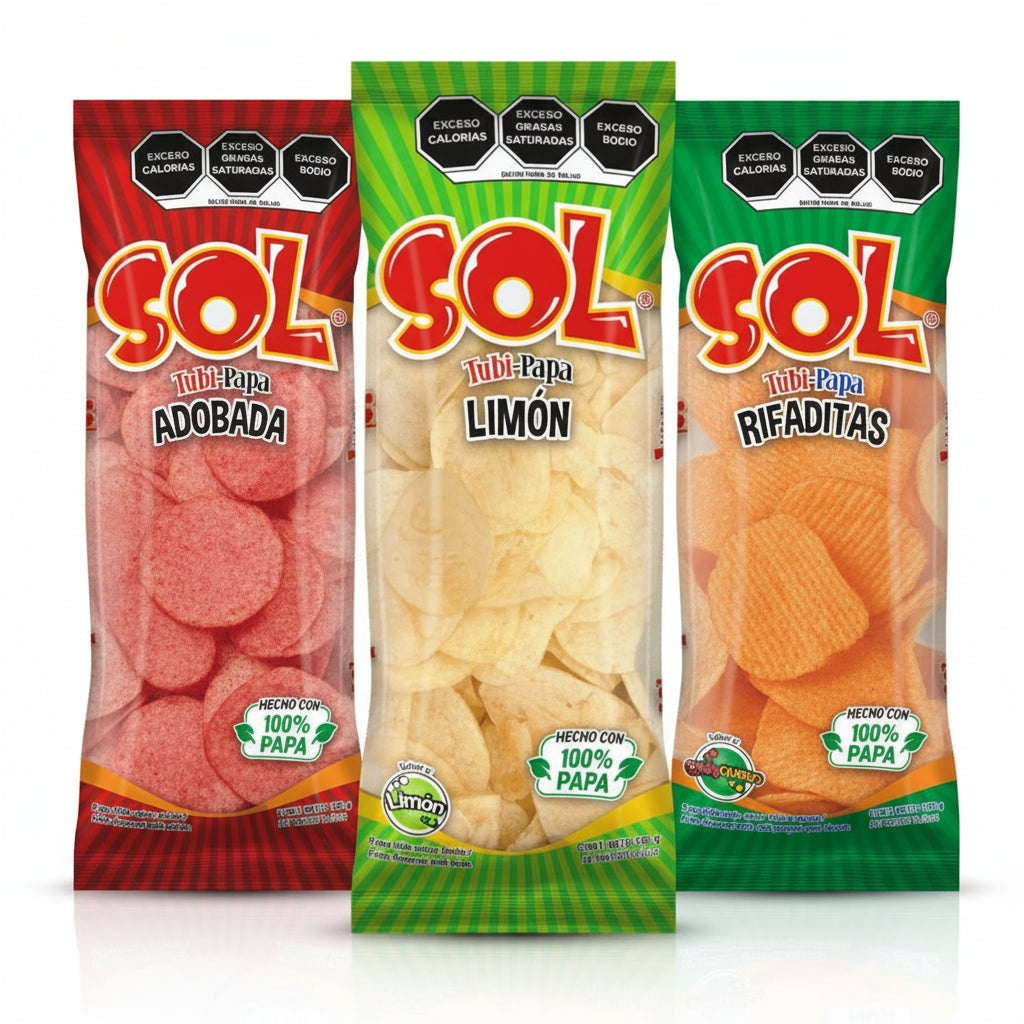 Mitoteland — Tubi-Papa Potato Chips by Botanas Sol —  Crunchy and bold, 100g bags packed with authentic Mexican flavour.