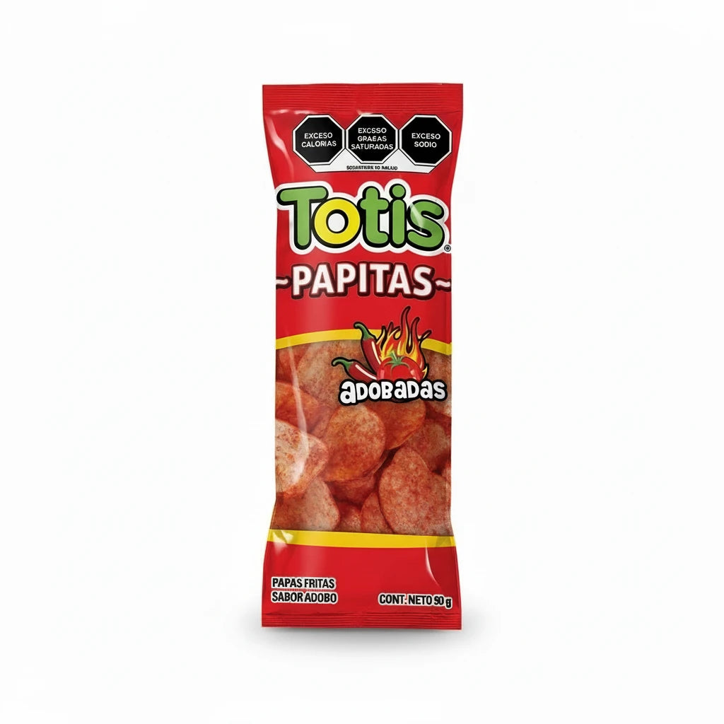 Mitoteland — Totis Papitas-Chips by Fritos Totis — Mexican crispy papas fritas available in Adobadas, Hot Chili, and Salsa Picante. Single 90g bags packed with flavour.