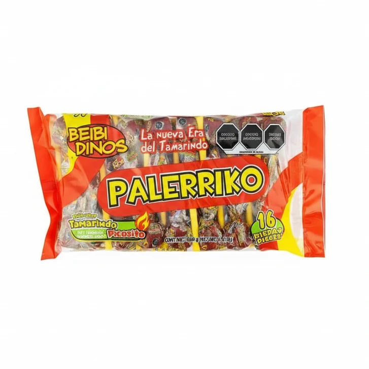 Mitoteland — Beibi Dinos Palerriko Tamarindo — The iconic sweet-and-spicy tamarind lollipop that brings bold Mexican flavour in every bite. Available individually or in a 16-pack box.